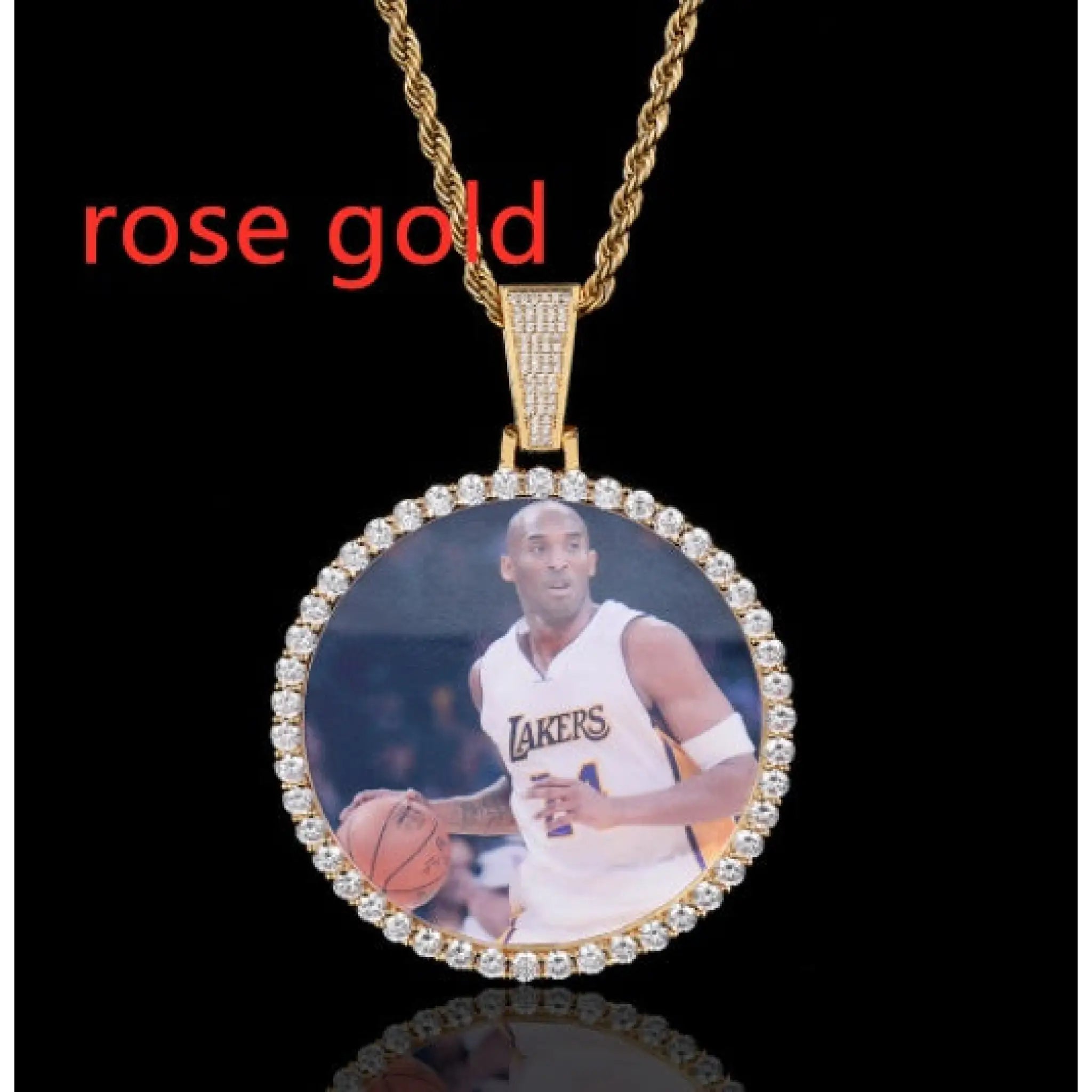 Round Photo Pendant Microset Zircon Men’s Necklace - Rose Gold Large / Rope Chain / 18inchX 3mm - 7