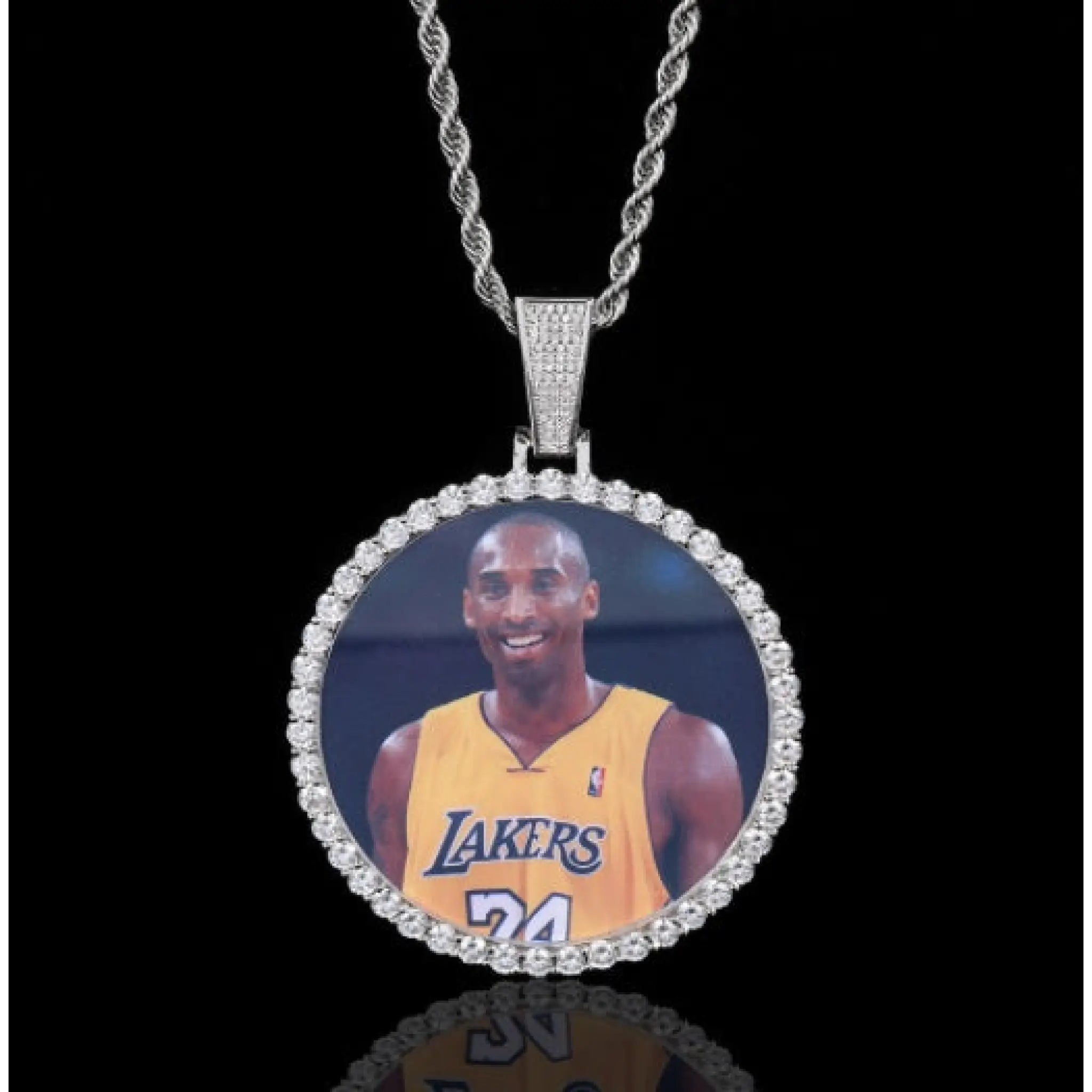 Round Photo Pendant Microset Zircon Men’s Necklace - White Gold Large / Rope Chain / 18inchX 3mm - 7