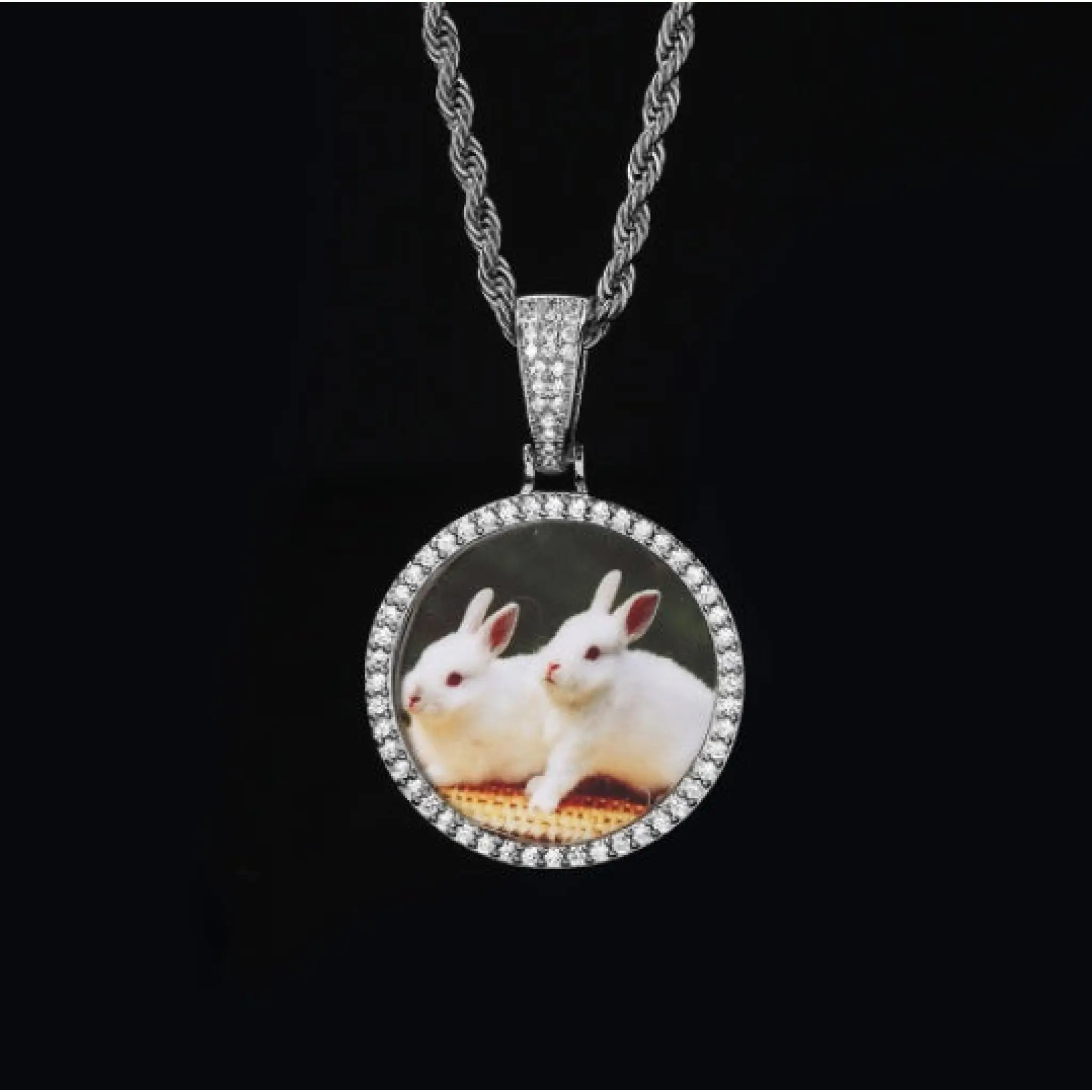 Round Photo Pendant Microset Zircon Men’s Necklace - White Gold small / Rope Chain / 18inchX 3mm - 7