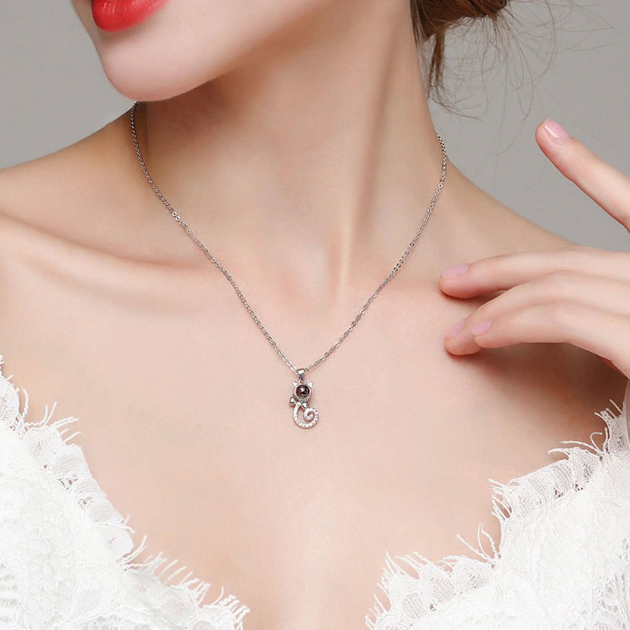 S925 Silver Personalized Gift Cat Shape Customized Colorful Photo Projection Necklace - 7