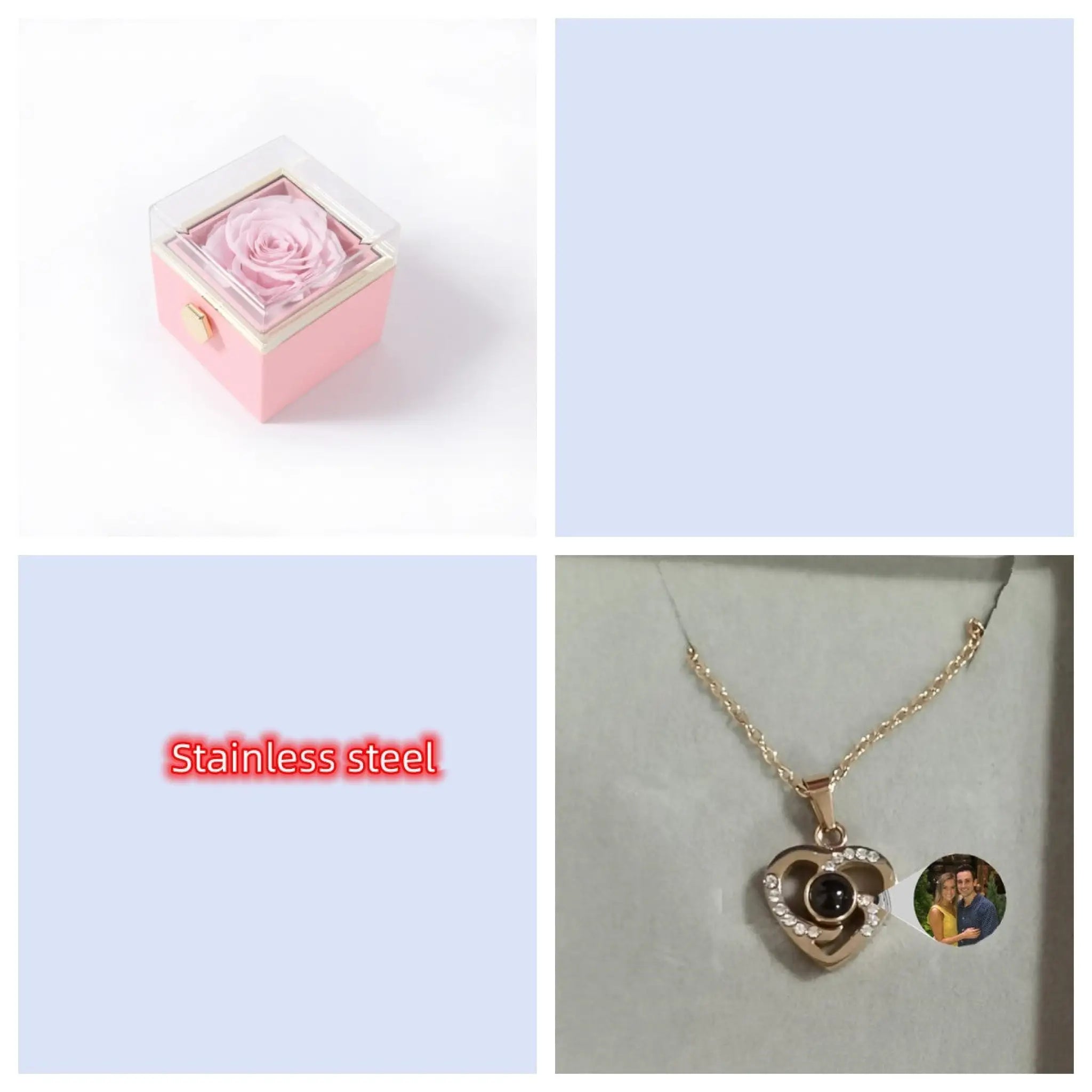 S925 Silver Romantic Colorful Photo Projection Necklace Heart Shaped Pendant Necklace - Rose Gold / With Pink Box - 7