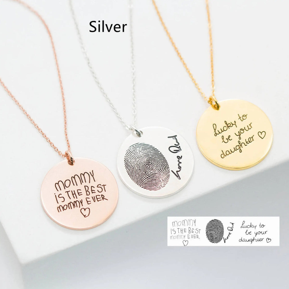 Silver Personalized Custom Lettering Love Fingerprint Letter Name Necklace - Silver / Round - 7