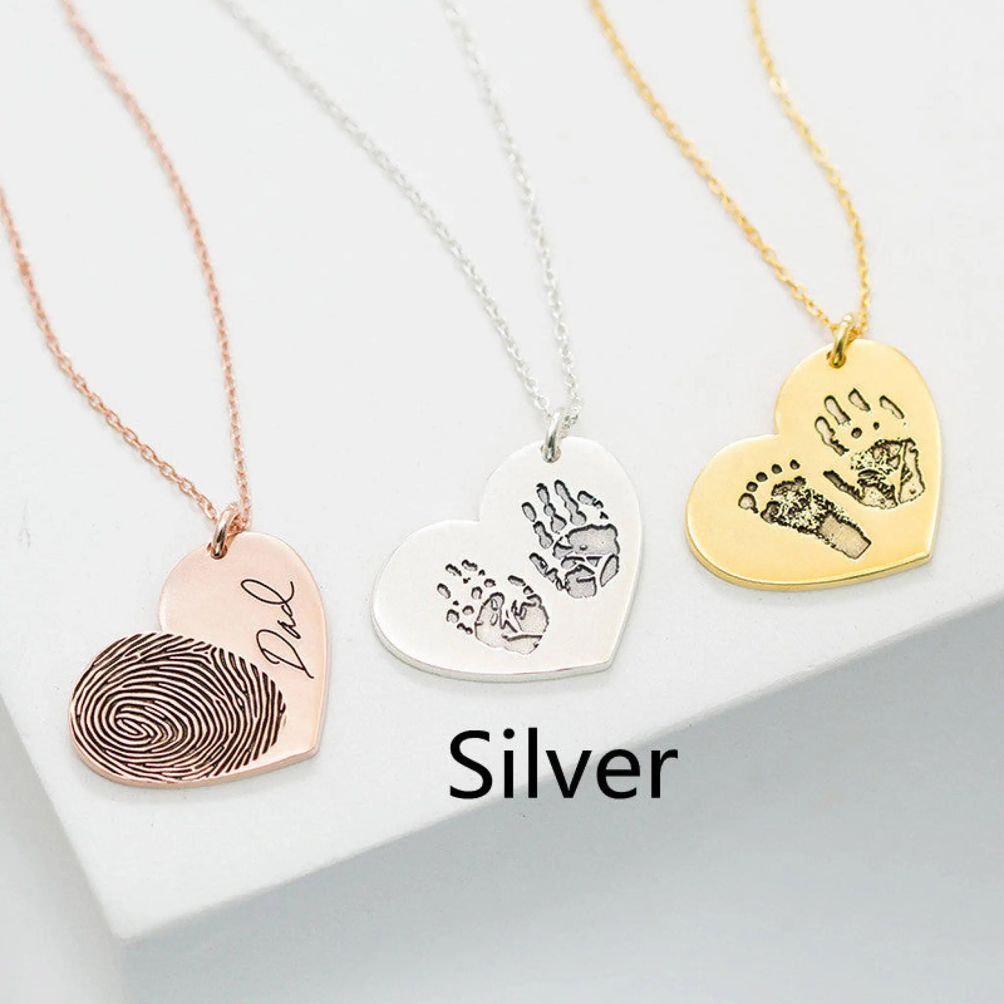 Silver Personalized Custom Lettering Love Fingerprint Letter Name Necklace - Silver / Heart - 7