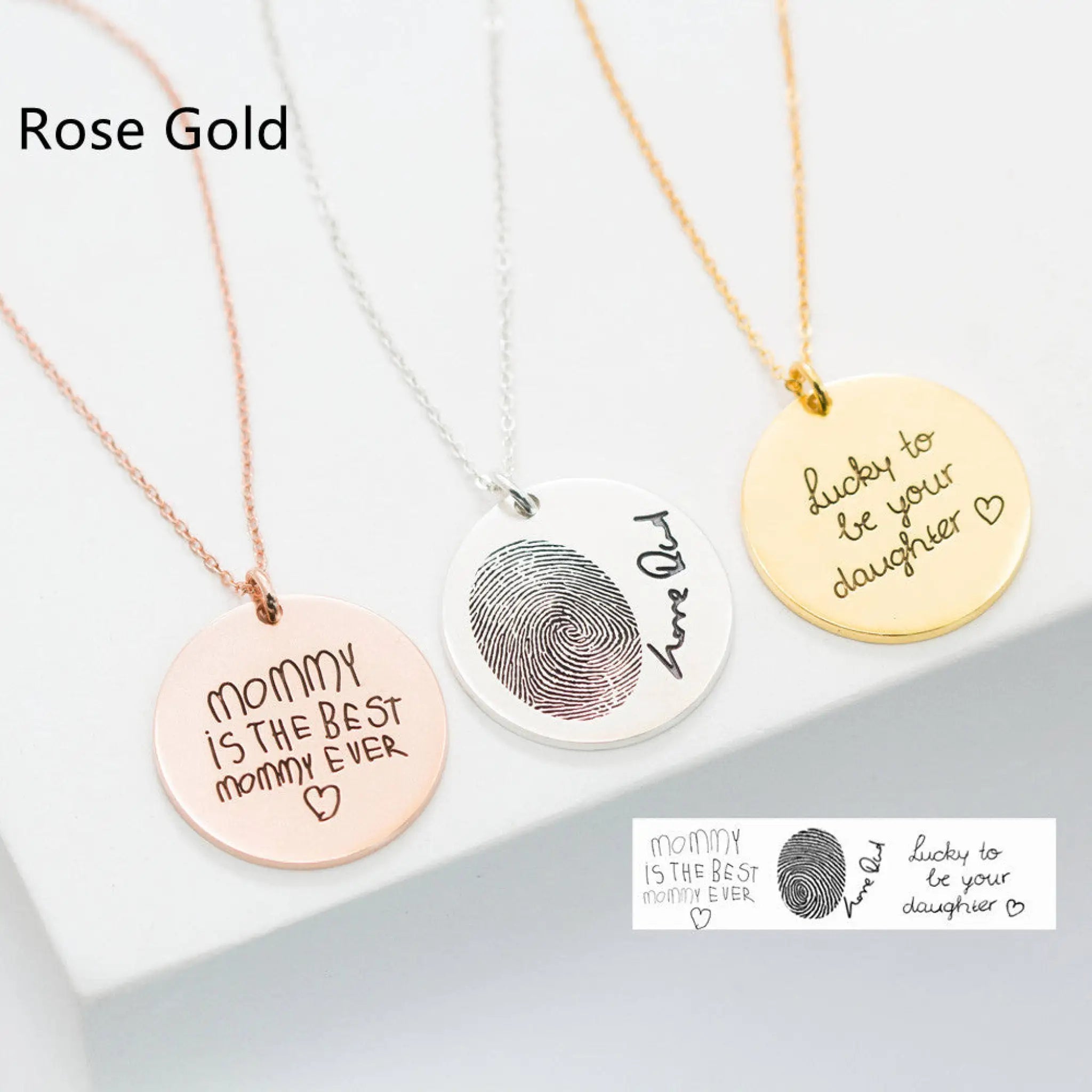 Silver Personalized Custom Lettering Love Fingerprint Letter Name Necklace - Rose Gold / Round - 7