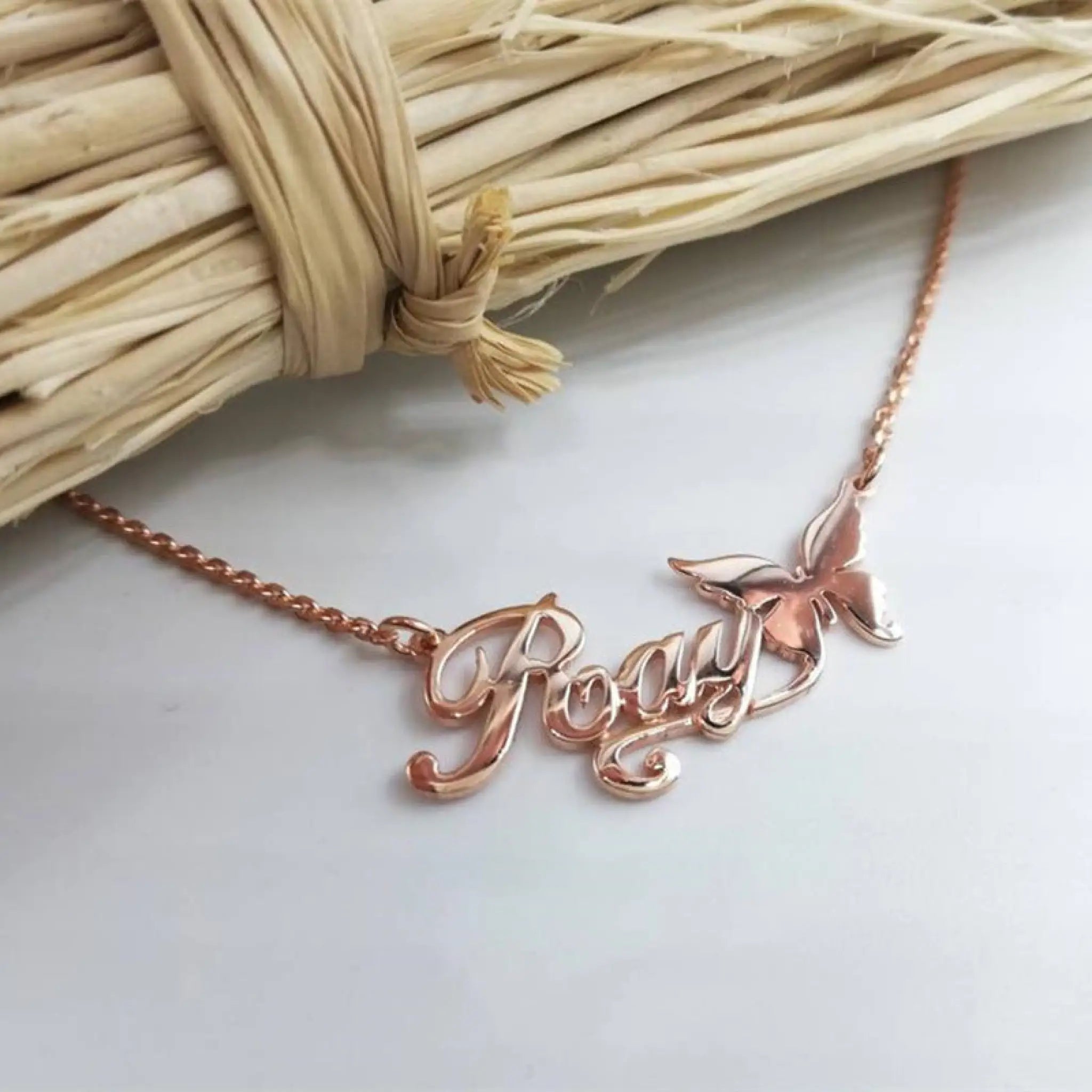 Stainless Steel Butterfly Custom Name Necklace Ladies - Rose Gold - 7