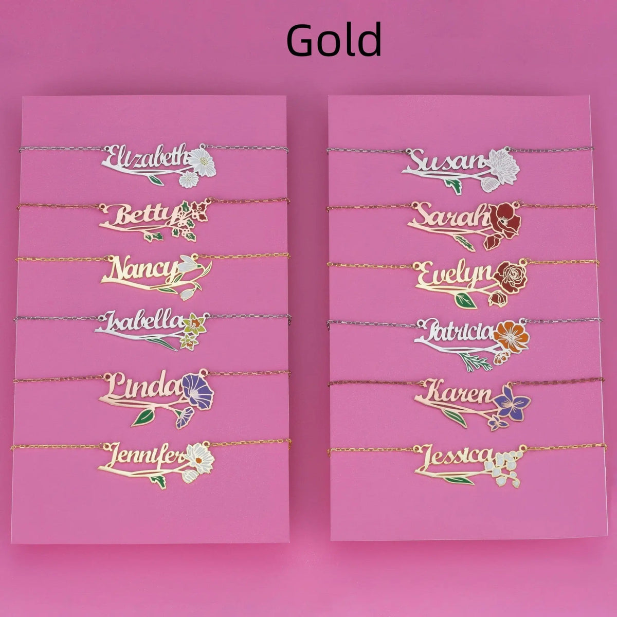 Stainless Steel English Letter Name Necklace - Gold / Birthday Flower 001 / January - 7