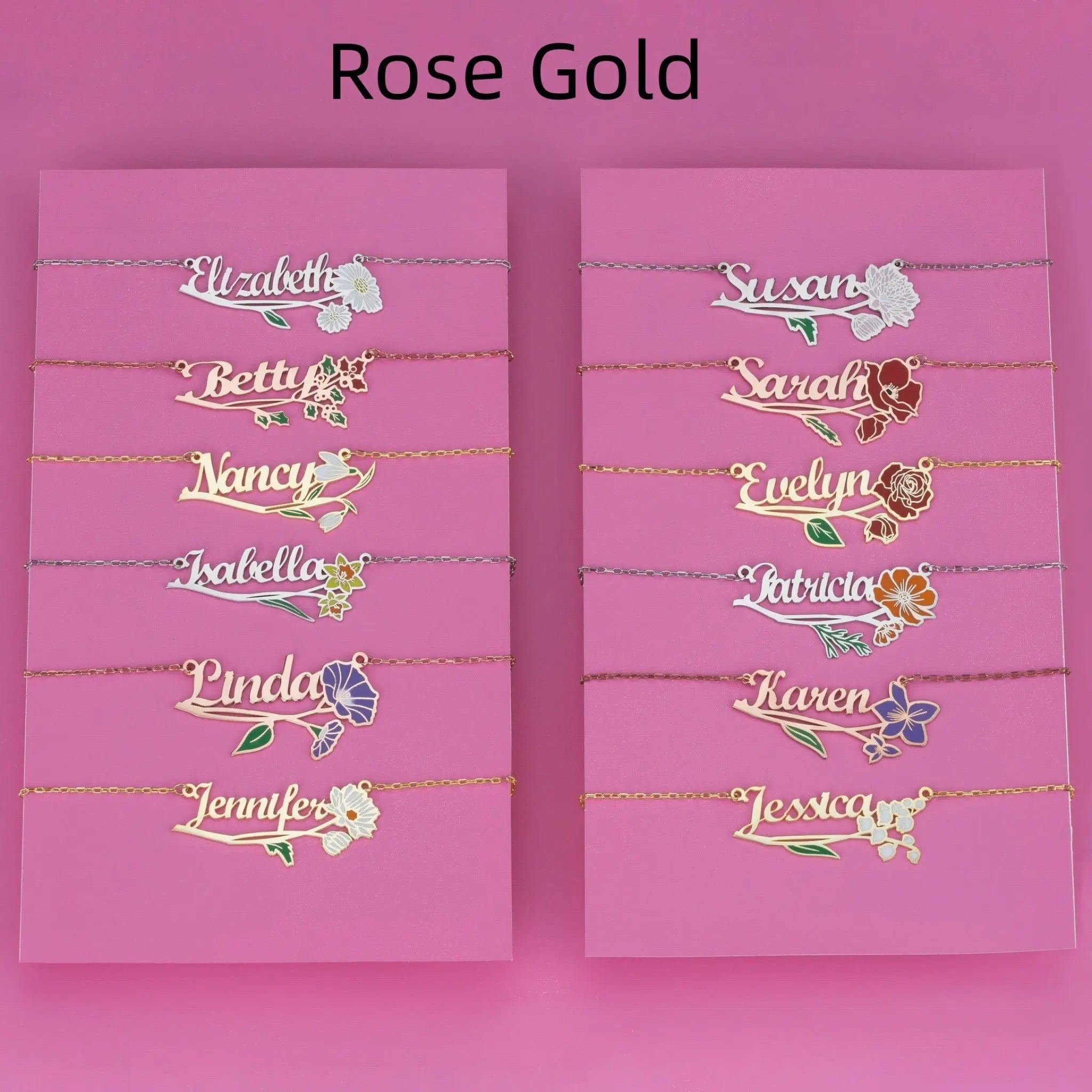 Stainless Steel English Letter Name Necklace - Rose Gold / Birthday Flower 001 / January - 7