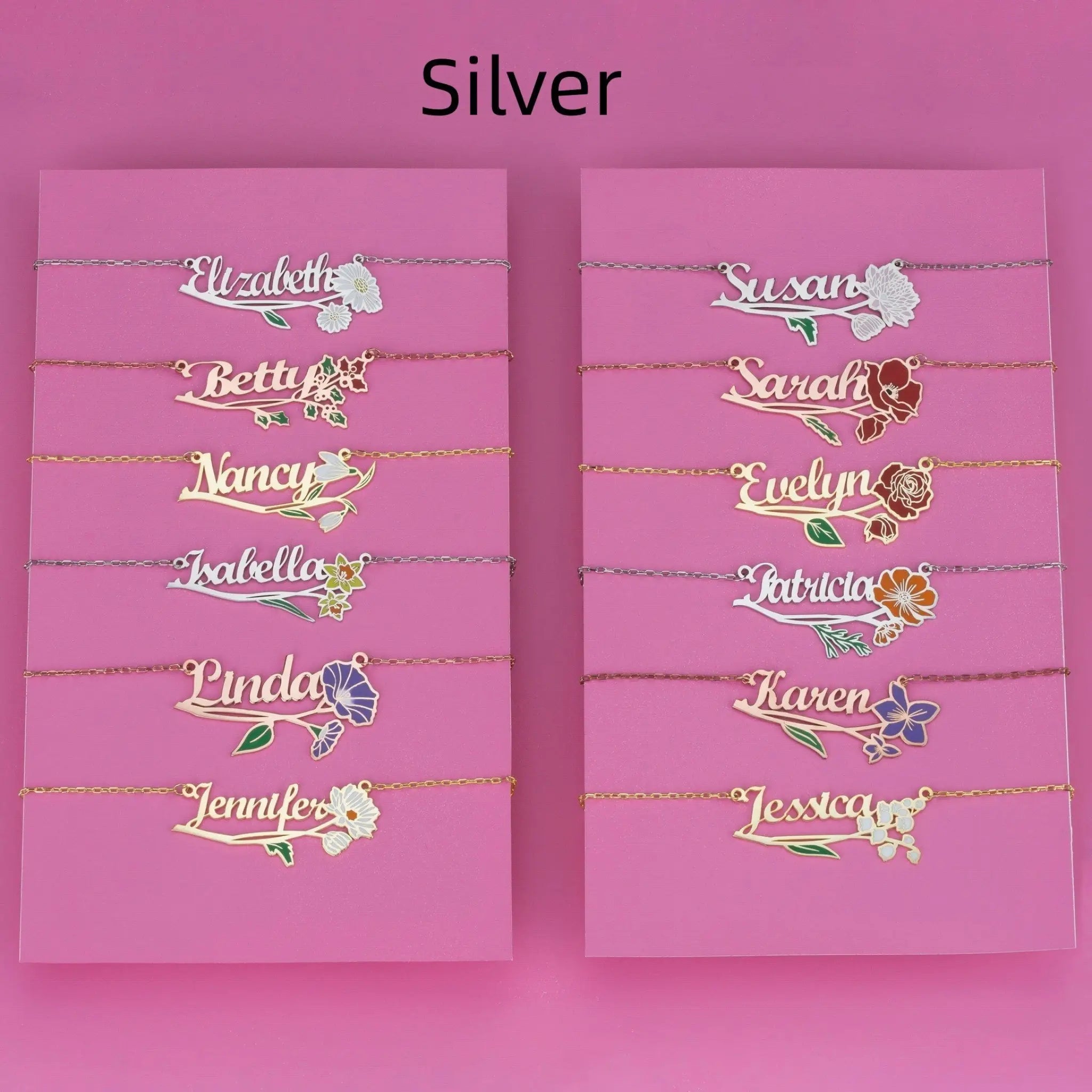 Stainless Steel English Letter Name Necklace - Silver / Birthday Flower 001 / January - 7