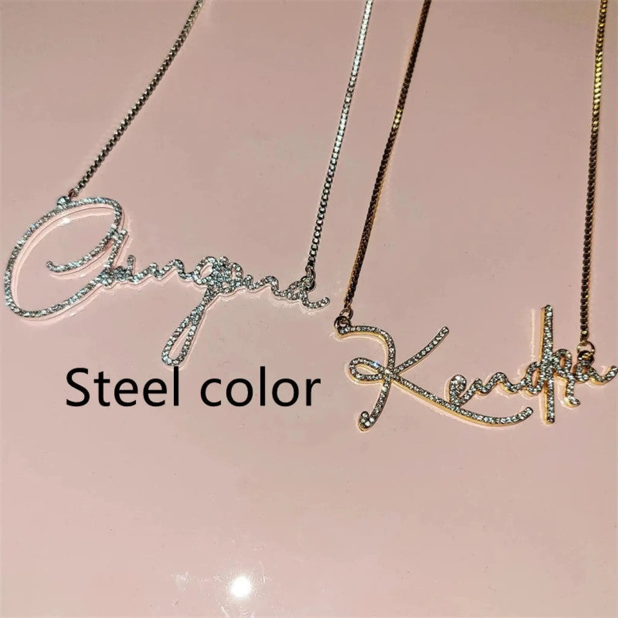 Stainless Steel English Letter Personalized Crystal Handwritten Name Necklace - Steel color / 30cm - 7