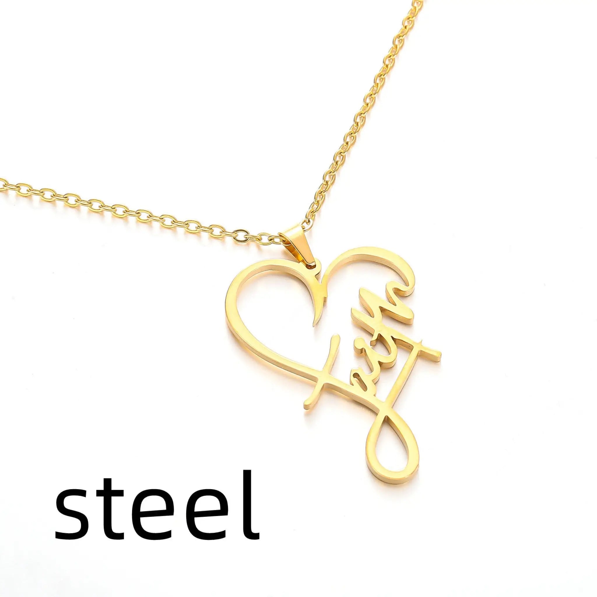 Stainless Steel Faith Peach Heart Necklace Belief English Name Gift - Steel