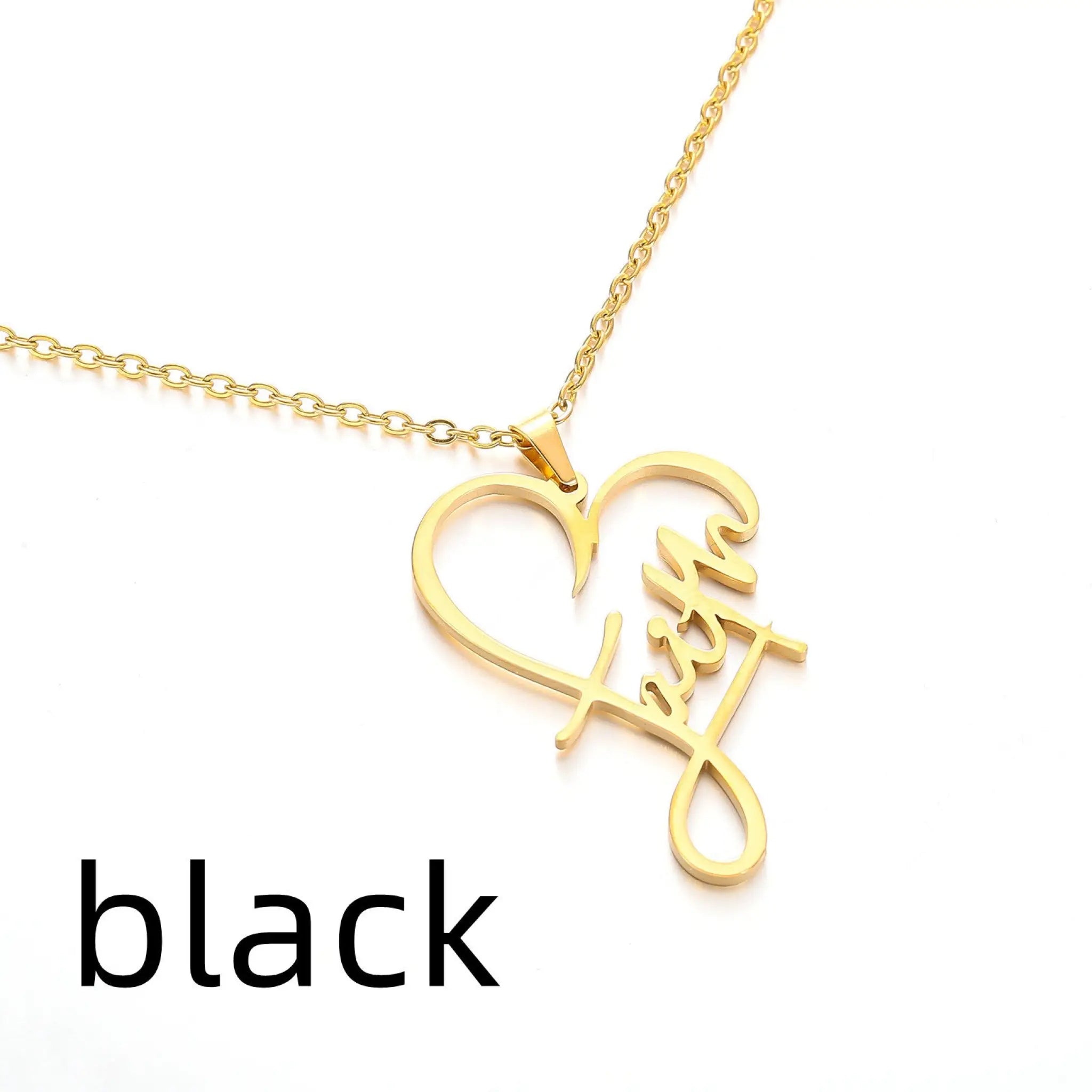 Stainless Steel Faith Peach Heart Necklace Belief English Name Gift - Black