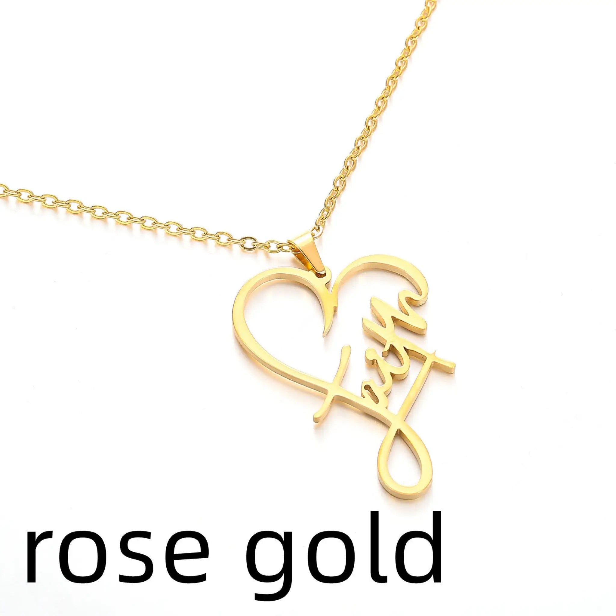 Stainless Steel Faith Peach Heart Necklace Belief English Name Gift - Rose Gold