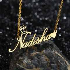 Stainless Steel Initial Hollowed Out Crown Custom Name Necklace - Gold - 7