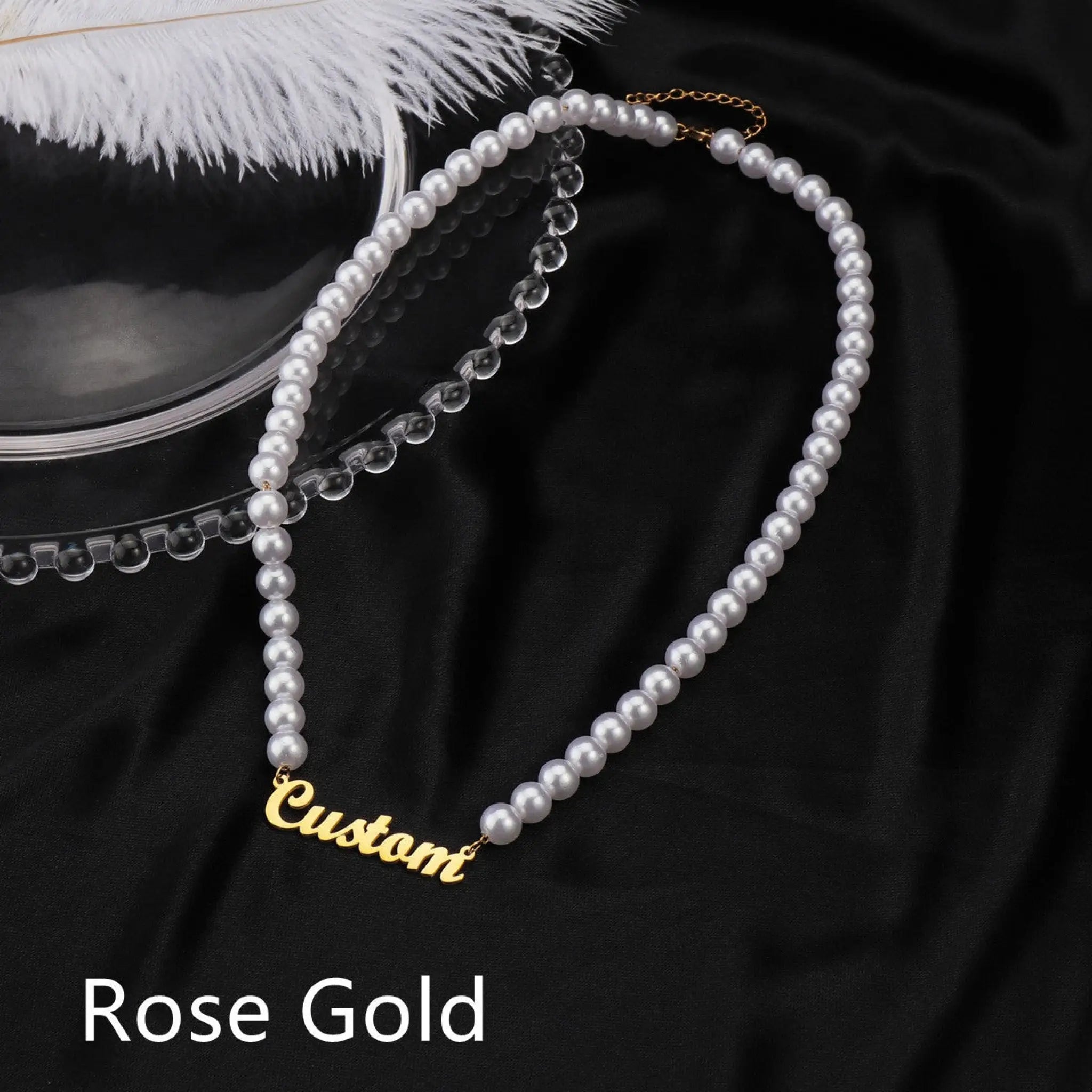 Stainless Steel Personalized Ladies Name Necklace Pearl Chain - Rose Gold - 7
