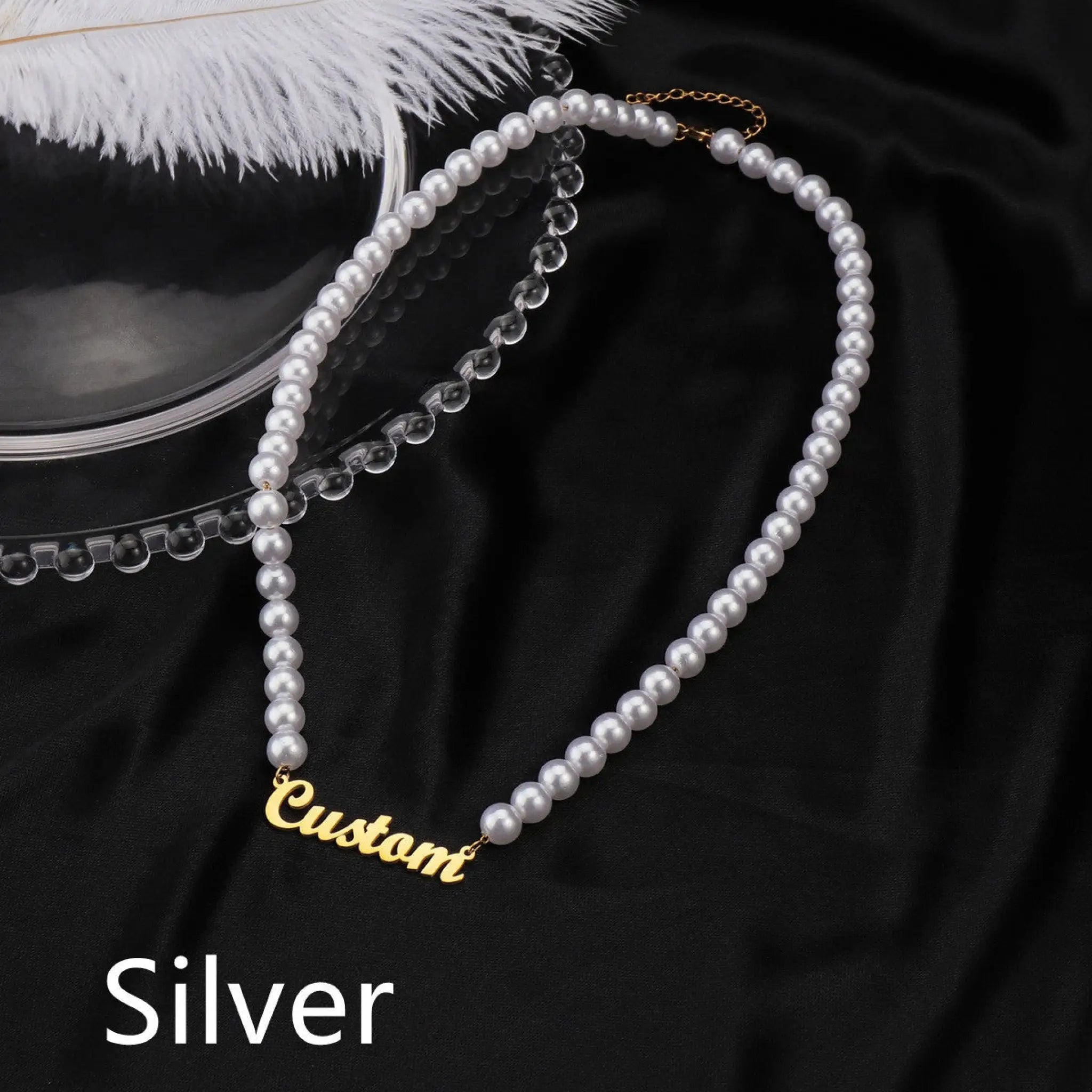 Stainless Steel Personalized Ladies Name Necklace Pearl Chain - Silver - 7