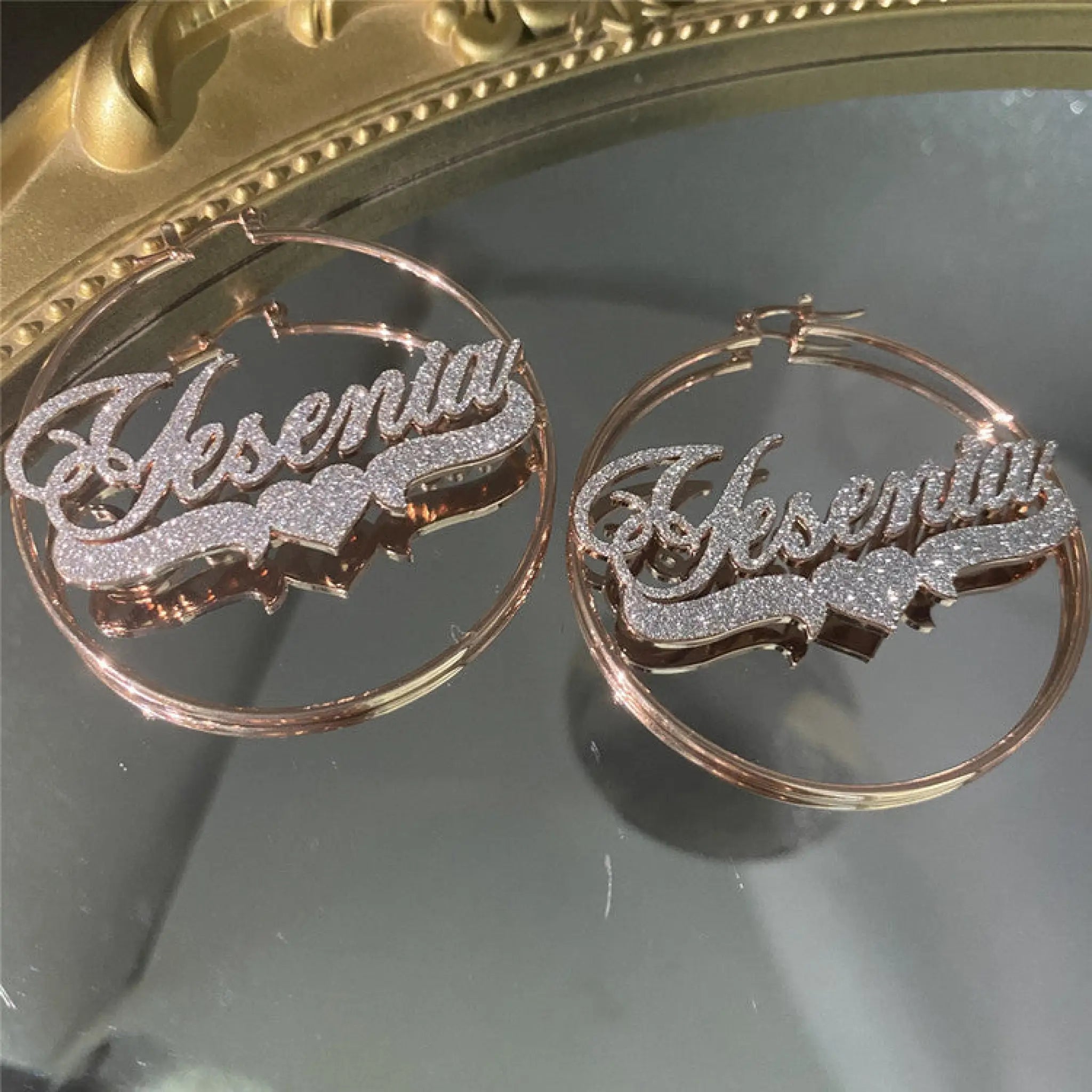 Stainless Steel Personalized Zircon Name Alphabet Earrings - Rose Gold / 40mm - 7