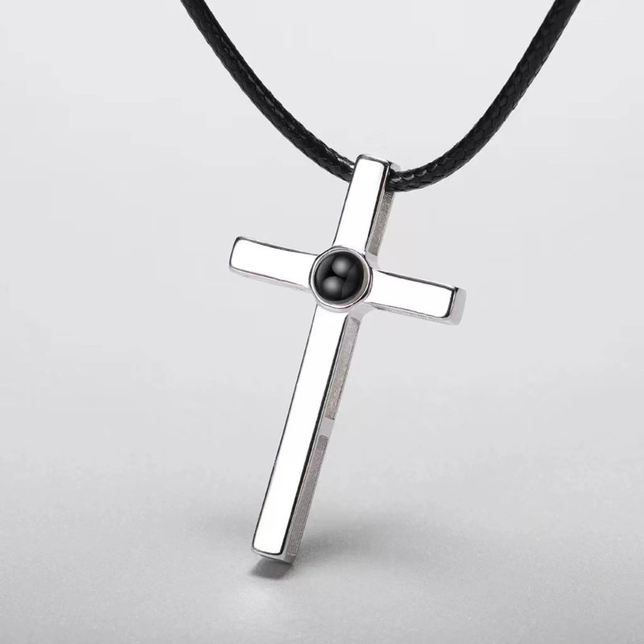 Sterling Silver Cross Projection Couple Necklace Fashion Photo Customization - Mens model with black rope - 7