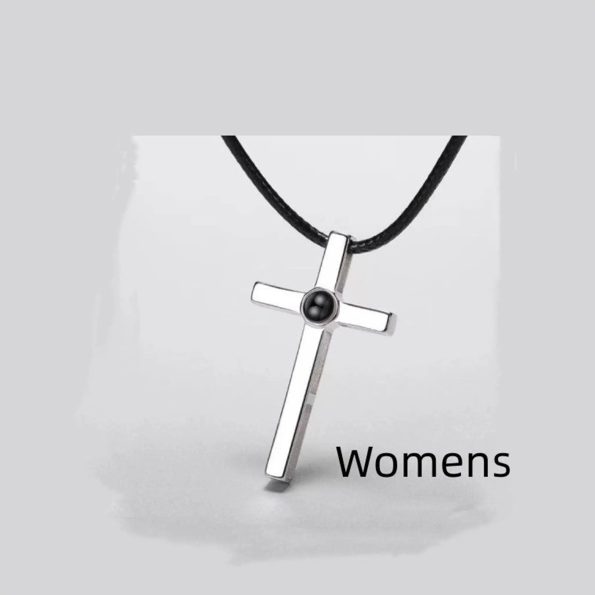 Sterling Silver Cross Projection Couple Necklace Fashion Photo Customization - Womens model with black rope - 7