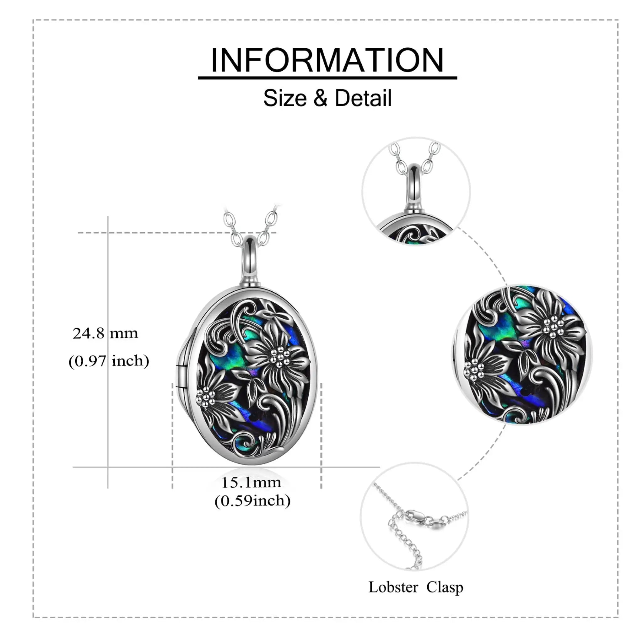 Sunflower Photo Urn Necklace for Ashes Sterling Silver Vintage Oval Cremation Jewelry - Silver - 5