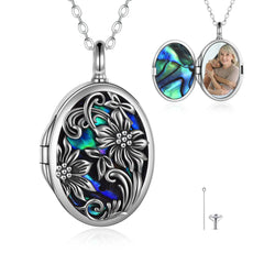 Sunflower Photo Urn Necklace for Ashes Sterling Silver Vintage Oval Cremation Jewelry - Silver - 5